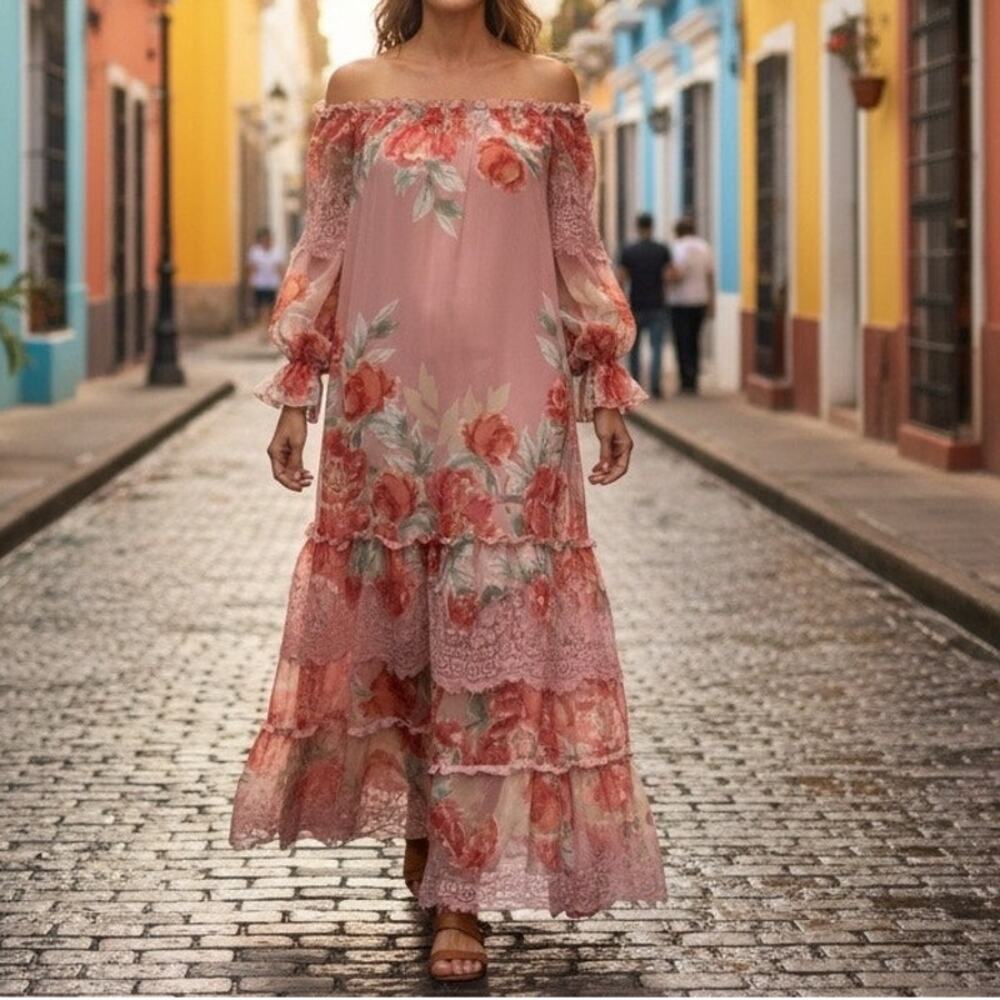 Champagne & Strawberry Maxi Dress Small Off Shoulder Pink Floral Chiffon Peasant - Picture 16 of 16